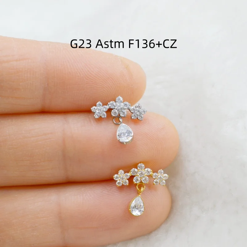Lot10pcs G23 Titanium ASTM F136  CZ Gem Flowers Lip Labret Bar Ear Helix Tragus Rook Barbells Stud Piercing Jewelry