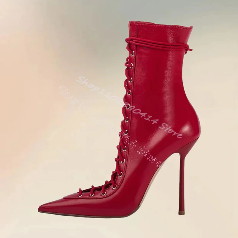 Burgandy Hollow Design Strappy Pointed Toe Boots Side Zipper Women Shoes Thin High Heels Party Banquet 2024 Zapatos Para Mujere