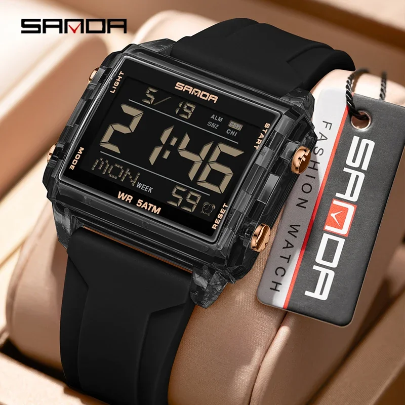 SANDA Luxury Digital Men's Watch Waterproof Luminous TPU Strap Man Sports Military Wristwatch Unisex Square Dial Fashion Clock