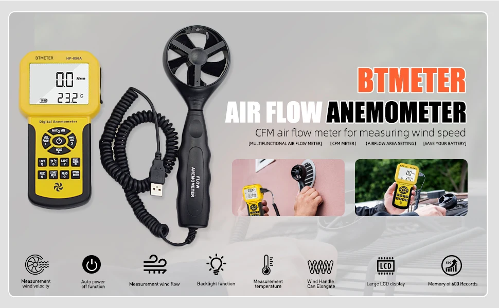 

856A HVAC Anemometer Air Flow Velocity Temp USB Data Logger Backlight 600 Records Large LCD Max/Min Auto Off for HVAC Engineer