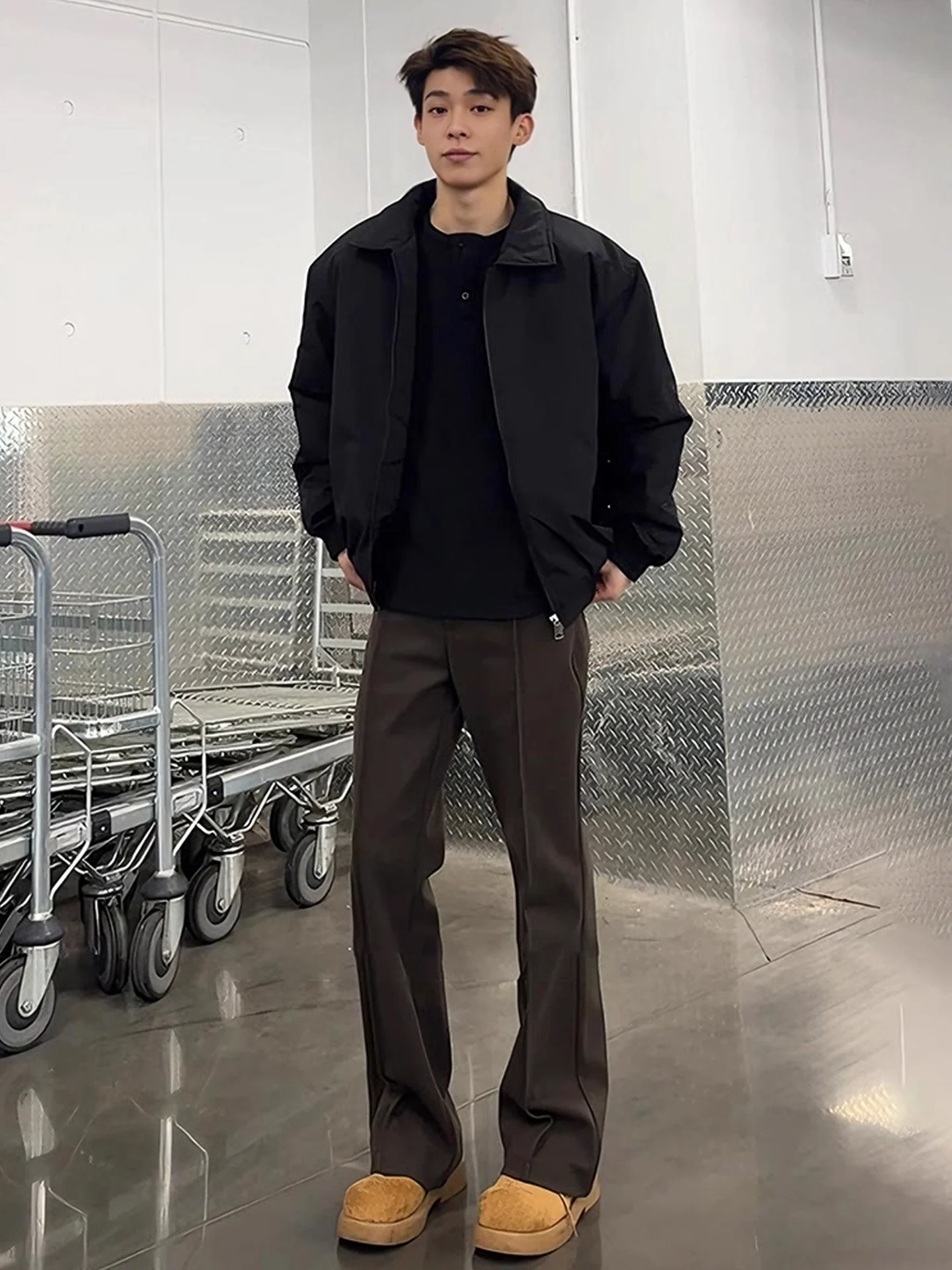 

Thiened Tweed Men's Winter Straight Leg Pants Long Lengthening Visual Effect Knife Casual Trousers American Sle