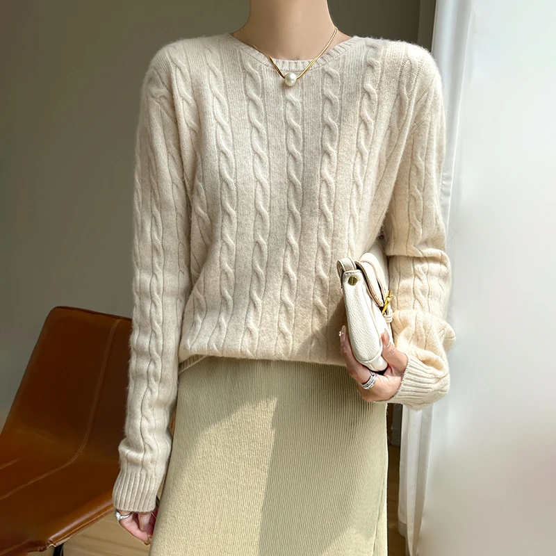 Autumn and Winter round Neck Loose Thick Women's Twist Knitted Sweater Long Sleeve Pullover Bottoming Shirt Lazy Top