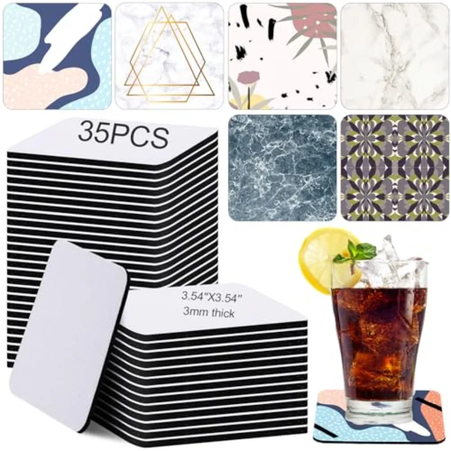 

35 Pieces Square Sublimation Blanks Coasters Bulk 3.54 x 3.54 Ih Waterproof Neoprene Blank Cup Mat Rubber Coasters for Sublimat