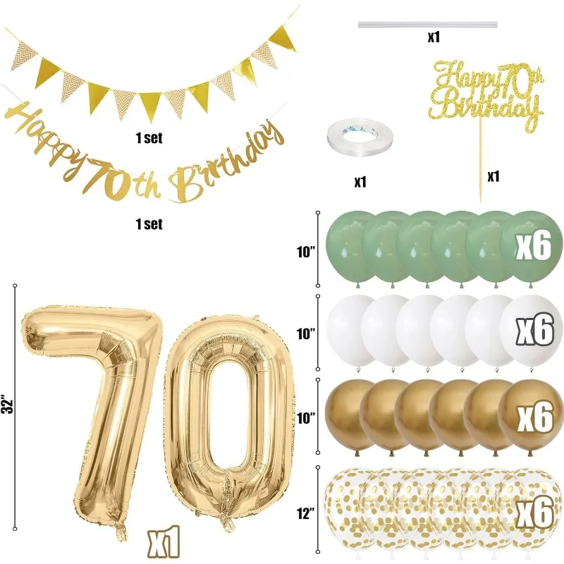 Salbeigrün, Gold, Weiß, 70. Geburtstag, Dekorationen für Geburtstag, Luftballons, alles Gute zum 70. Geburtstag, Banner, Kuchendekoration, 70-jähriges Dekor – Detail 2
