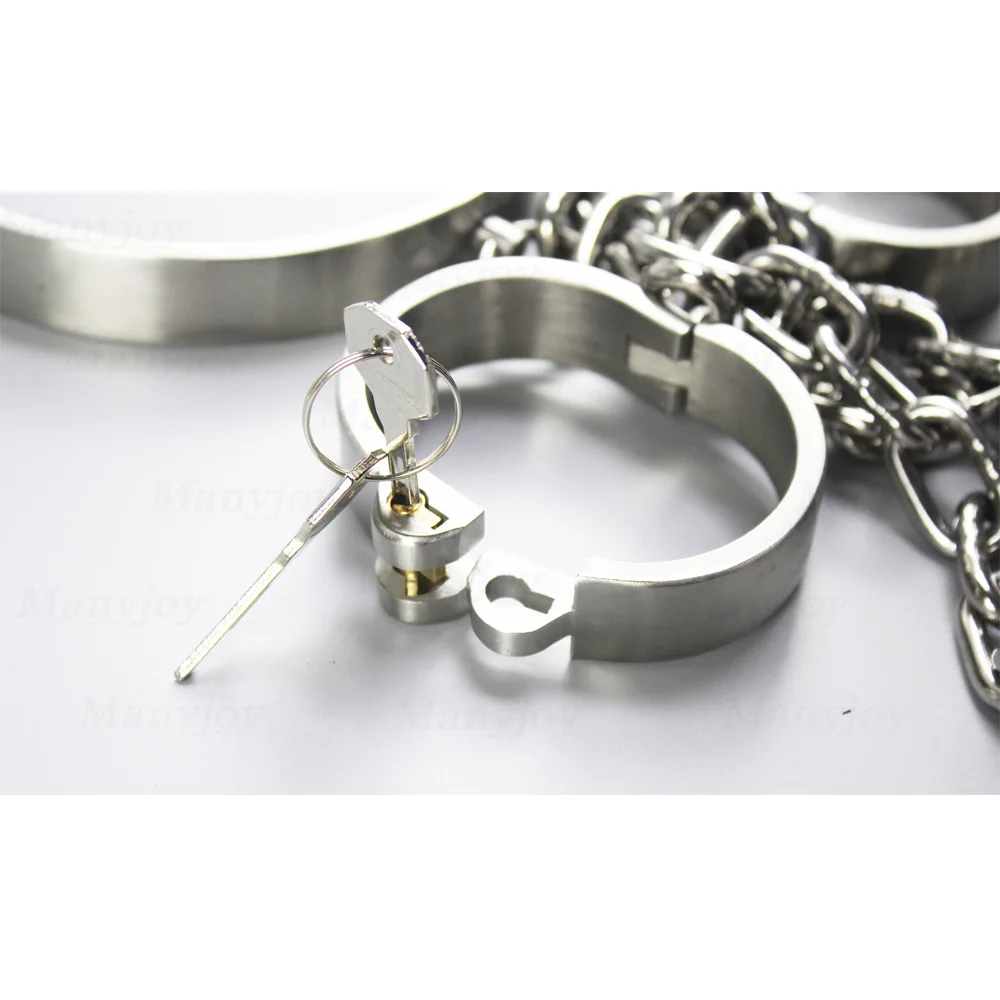 Heavy Stainless Steel Full Body Cuffs  Shackles Neck Collar Handcuffs Ankle Cuffs with Chain Restraint Slave SM Sex Toys