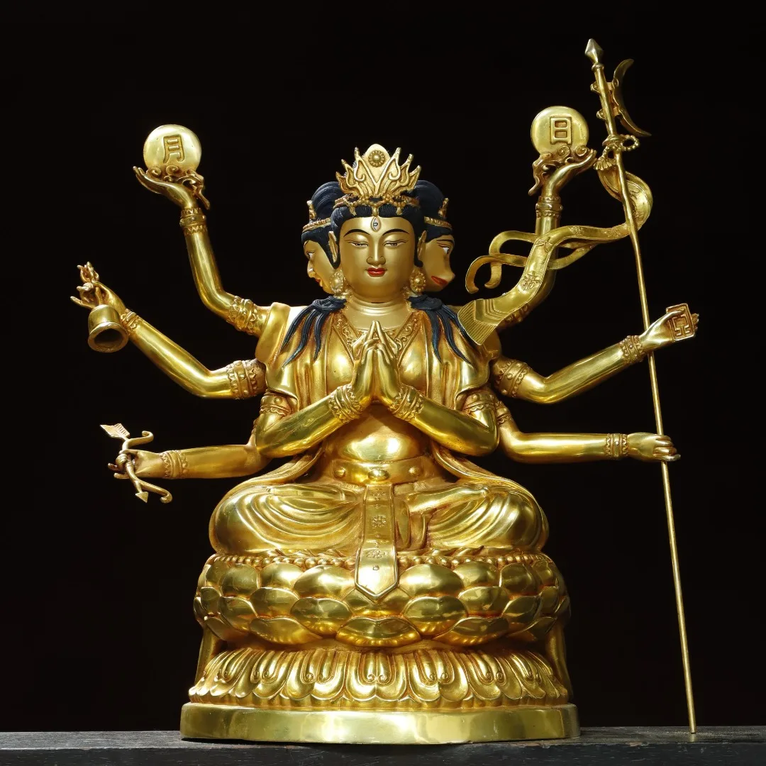 Tibetan brass gilt Doumu Yuanjun painted face drawing Guanyin Bodhisattva Tara statue Home Hall incense case ornament 41cm