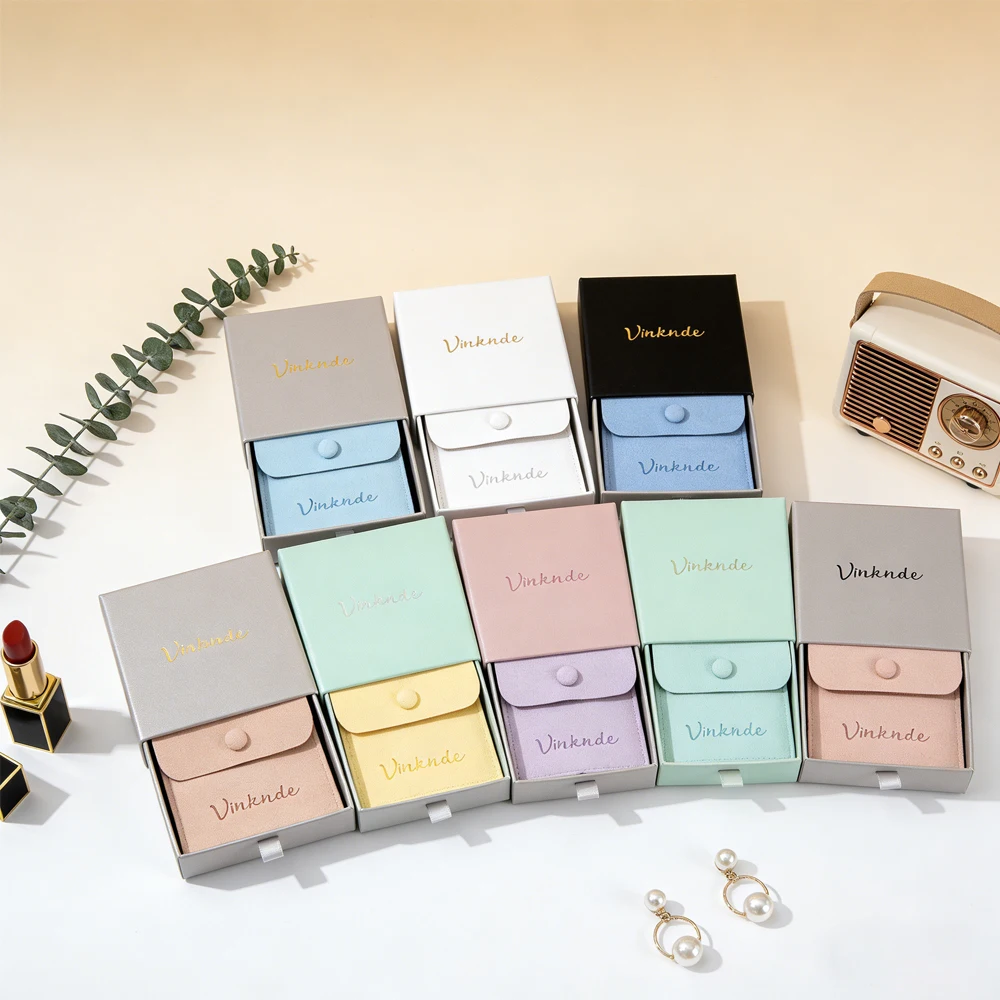 

50set Custom Logo Grey Paper Drawer Box Jewelry Packaging Boxes with Microfiber Velvet Button Bag Earrings Necklace Snap Pouches