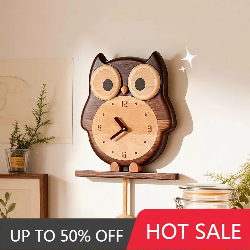 Solid Wood Wall Clock Art Creative Cute Owl Wall Clocks Children Noiseless Pointer Walls Clock Living Room Bedroom Decoration