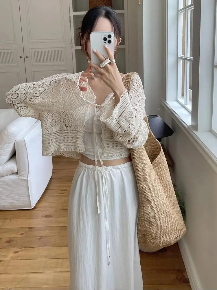 

Women's Knitted Hollow out Long Sve Cardigan Summer Beach Vaion Sle Outerwear Sunade ort Top Casual Loose Fit