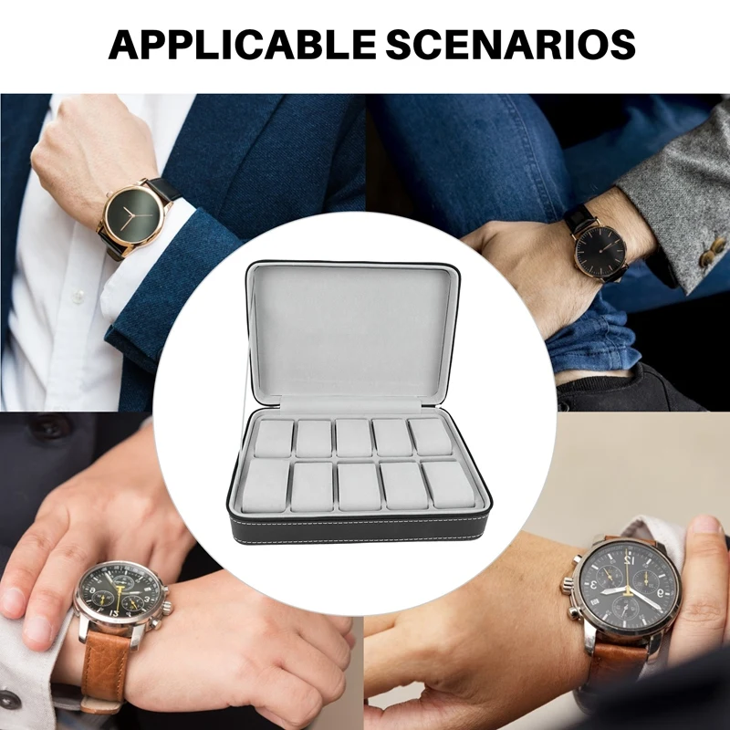 Portable Watch Box Organizer PU Leather Casket with Zipper Classic Style 10 Grids Multi-Functional Bracelet Display Case