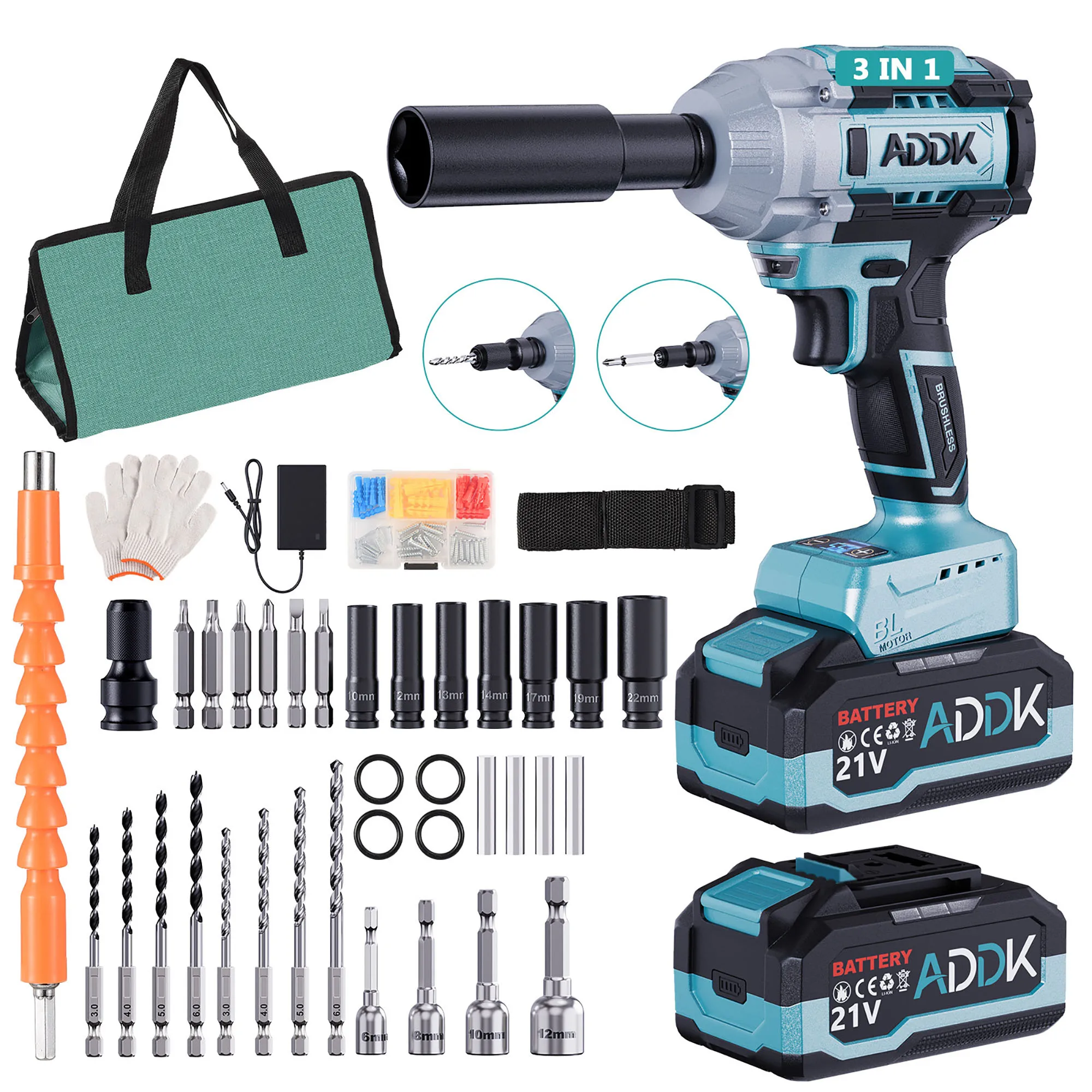 1/2-inch Brushless Electric Impact Wrench, Electric Bit, Electric Screwdriver 3-in-1, 550 Nm, Speed Adjustment Power Tool Kit