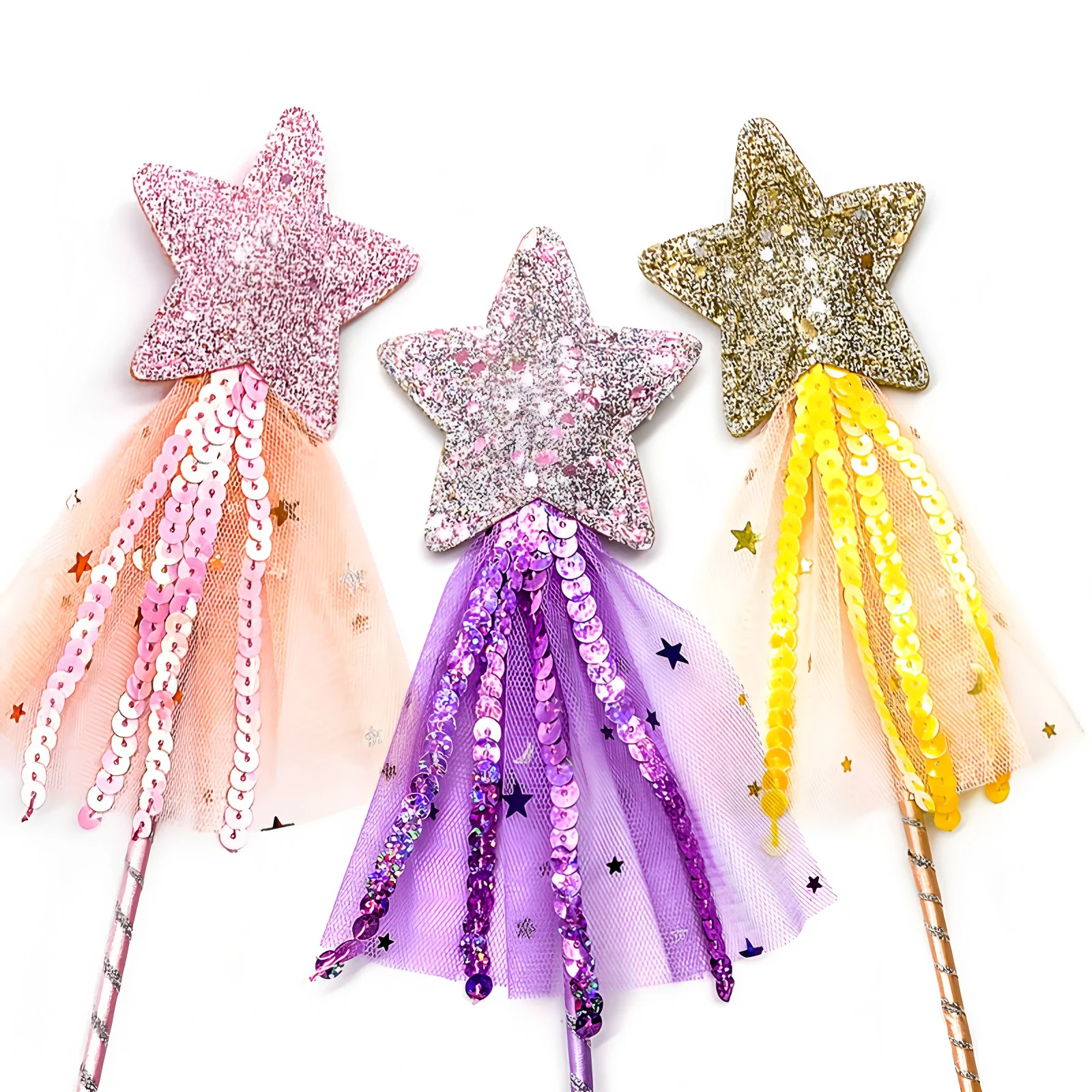

50pcs Glitter Star Magic Wand Princess Fairy Angel Elf Ribbon Stick Birthday Cristmas Halloween Dress up Role Play Party Decor