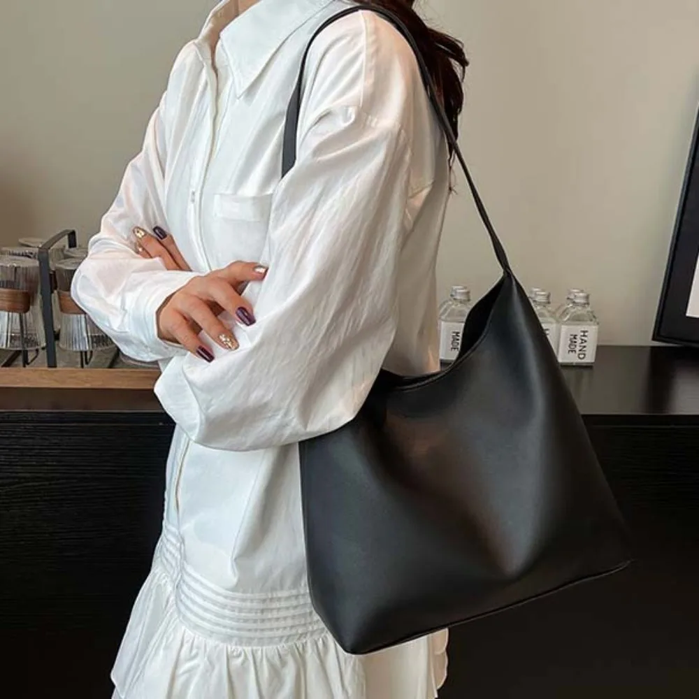 

Storage Bag Elegant Soft PU Tote Bag Anti-Splash Water Large Capacity Solid Color Handbag White Coffee French Underarm Bag Women
