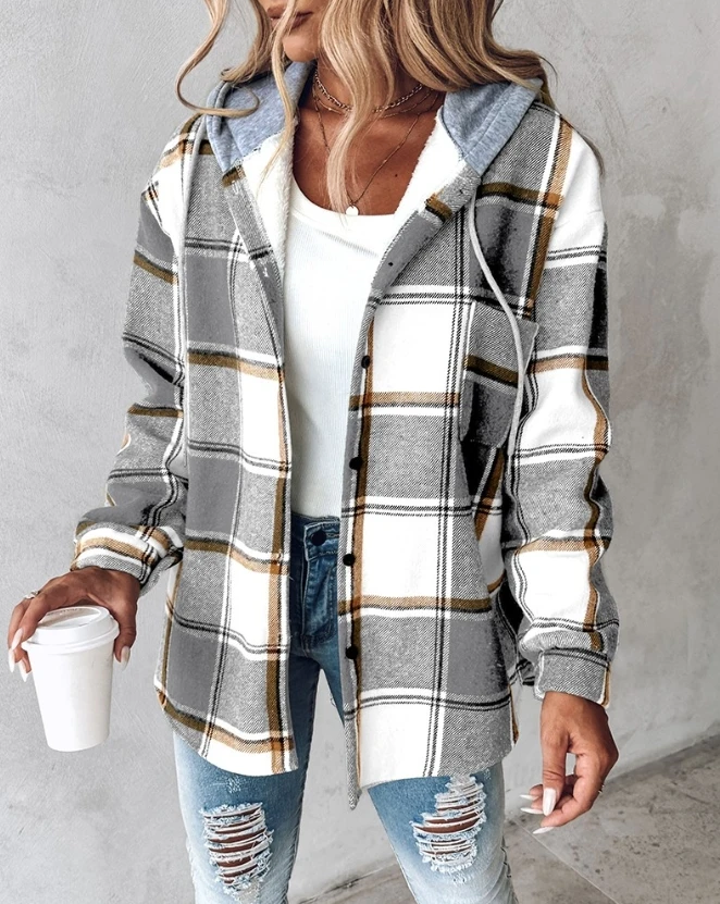 

Streetwear Jackets for Women 2023 Winter New Fashion Plush and Warm Plaid Print Button Hooded Shaket Female Outerwear Chic Tops