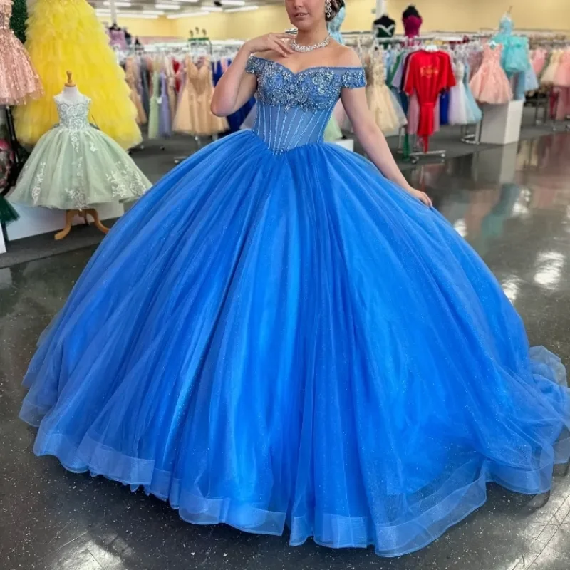 Blue Shiny Off The Shoulder Quinceanera Dresses  Princess Beads Crystal Tulle  Sweet Birthday Party Gown Sweet 16 Customized