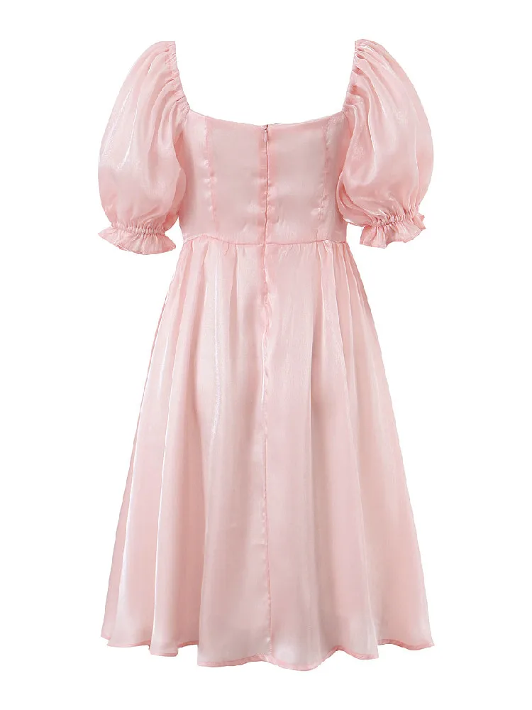 Women Swing Midi Robe Fairy Cake Vestidos Sweet Summer Pink Bright Organza Ball Gown Dress Square Collar Puff Sleeve Retro