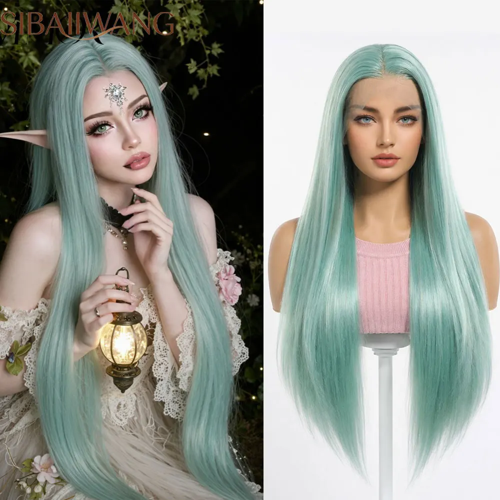 Mint Green Wig for Women 13*4 Lace Front Wig 28inch Long Straight Synthetic Wigs  Elf  Halloween Party Cosplay Costume Hairpiece