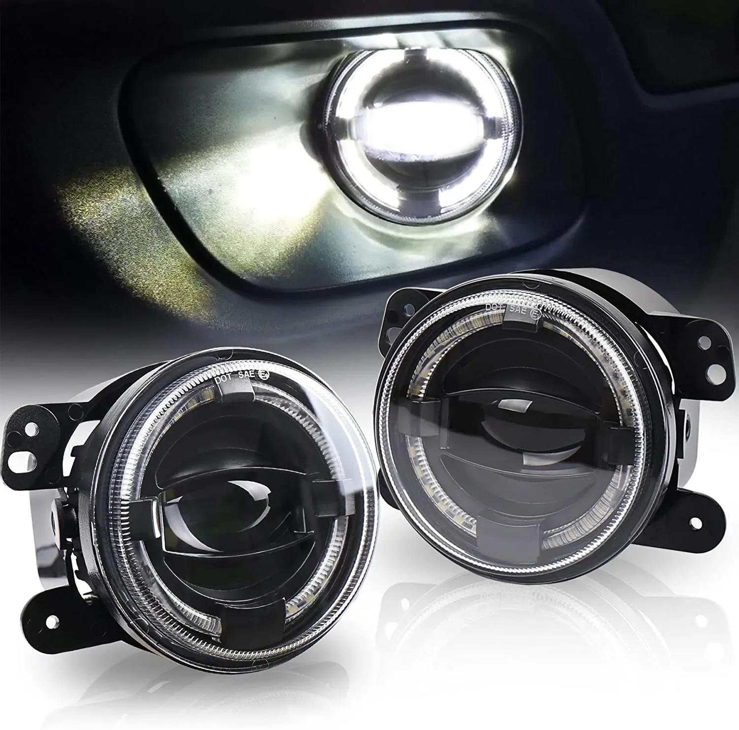 MOVOTOR 4 Inch Front Bumper Driving Fog Lamp JK Fog Lights With White Halo DRL For Jeep Wrangler JK Dodge Chrysler