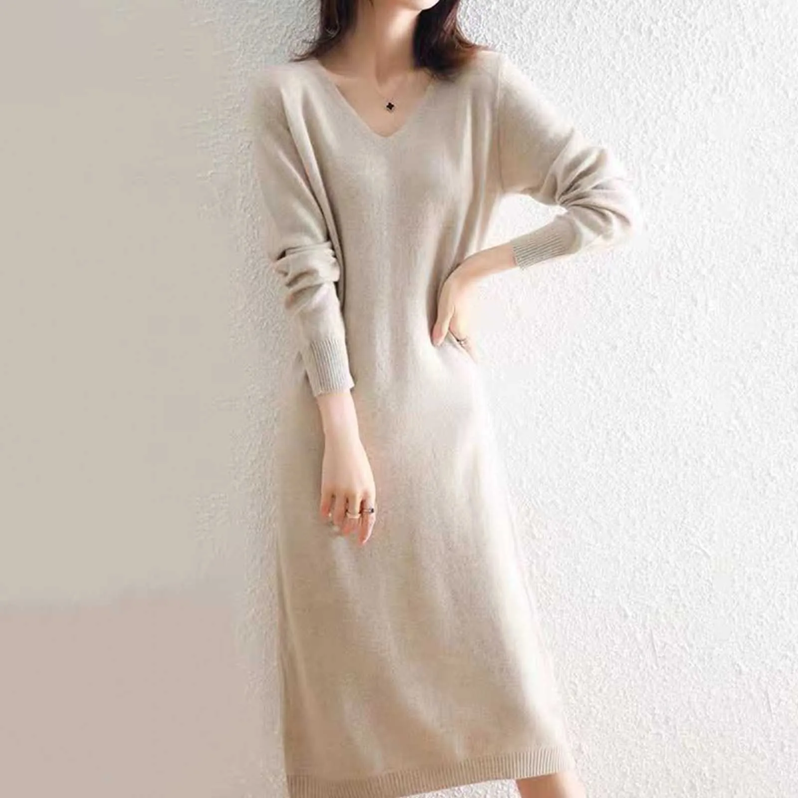 

2024 V-Neck Loose Knit Sweater Dresses Women'S Autumn Winter Long Sweater Dresses Fashion Casual Long Sleeve Female Dresses