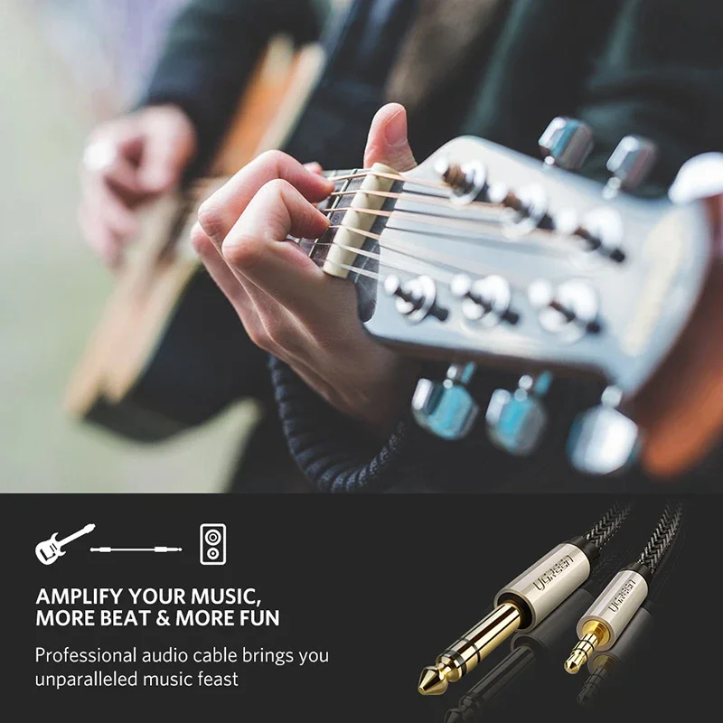 Ugreen 1/8 to 1/4 Stereo 3.5mm to 6.35mm Adapter Aux Cable Guitar to Aux Male Cord with Zinc Alloy Housing and Nylon Braid