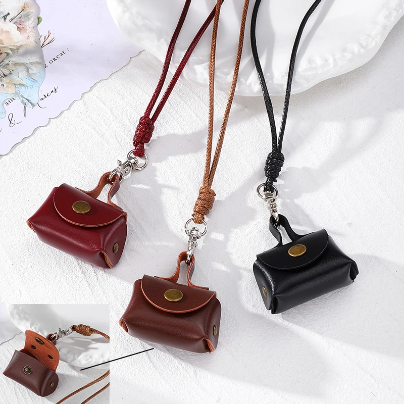 Trendy Mini Leather Coin Purse Necklace For Women Men Gift Vintage Pill Headphones Storage Box Bag Pendant Sweater Chain Jewelry