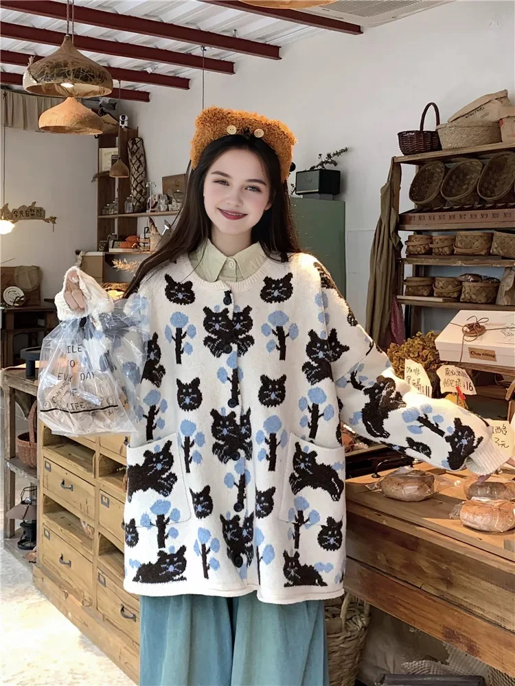 2024 winter Women Kawaii Animal Print White Black Sweaters for Cute girl Anime Cartoon Pattern Coats New in Clothes Free Shiping