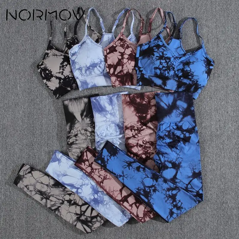 NORMOV 1/2 Piece Yoga Set Tie Dye Gym Set Sport Outfit for Woman High Waist Yoga Pants Women Gym Sets Seamless Outfits Pleated