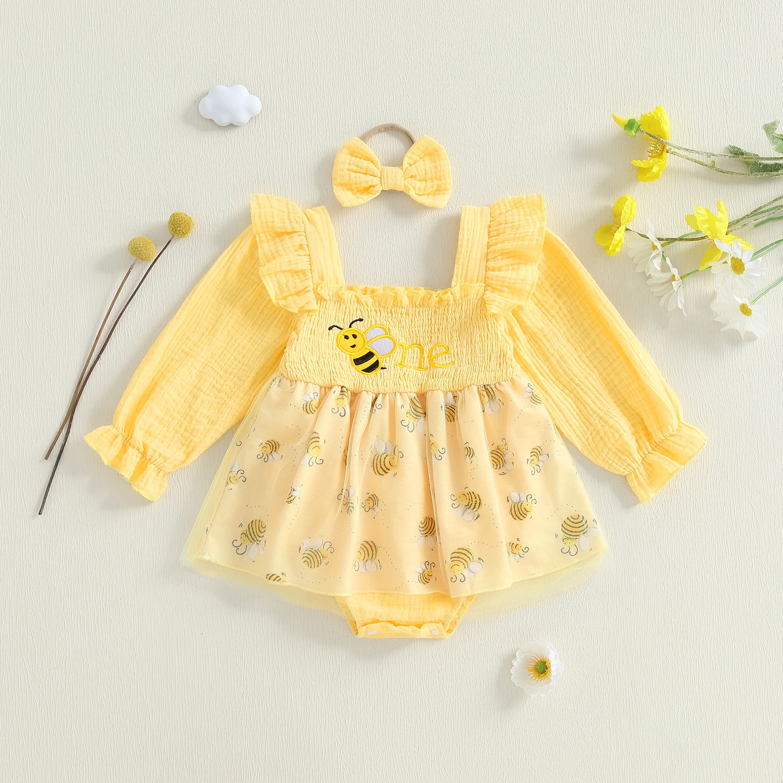 

Одежда для малышей, комплект из 2 предметов для дня рождения для девочек, комбинезон с длинными рукавами и повязкой на голову, комплект одежды для новорожденных