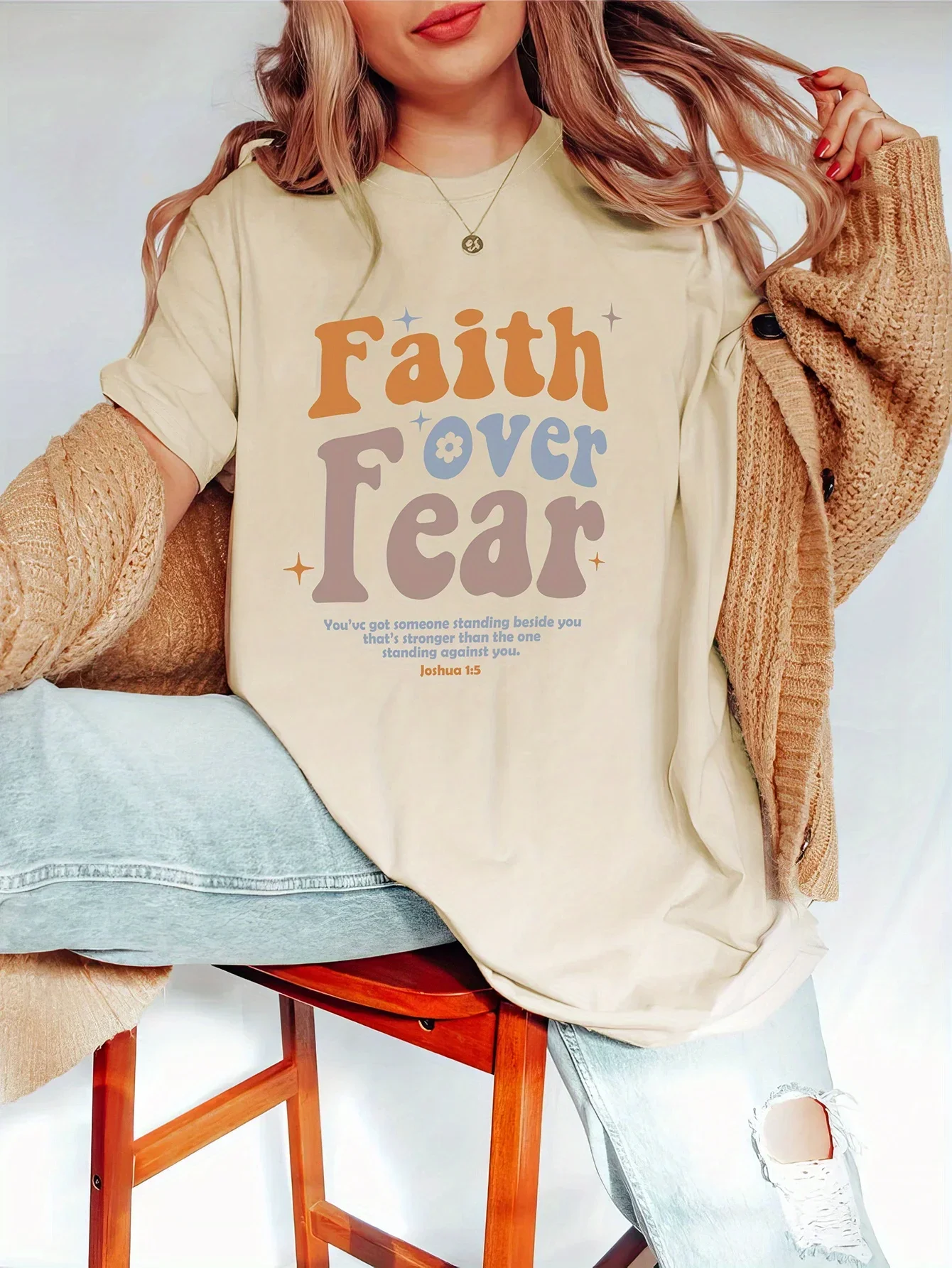 

Faith Over Fear Letter Print T-shirt, Short Sleeve Crew Neck Casual Top For Spring & Summer, Women's Clothing