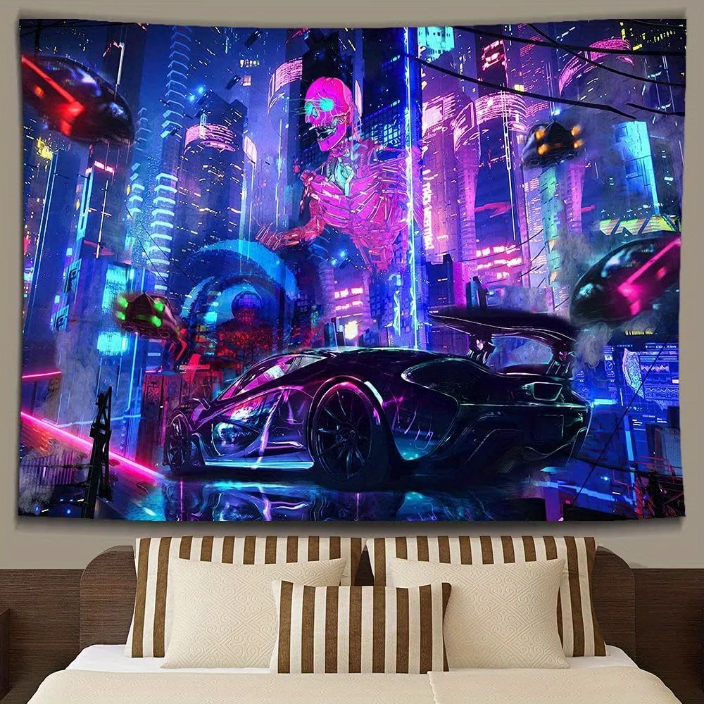 Cyberpunk City Tapestry, Neon Robot and Car Wall Art for Bedroom or Living Room, Large Decorative Hanging, Add Futuristic Vibe