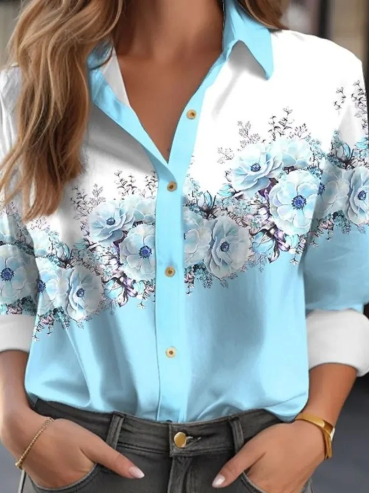 Casual estampado floral largo Sve irt cuello vuelto Street Sle mujer primavera Faion corte recto otro material 00%