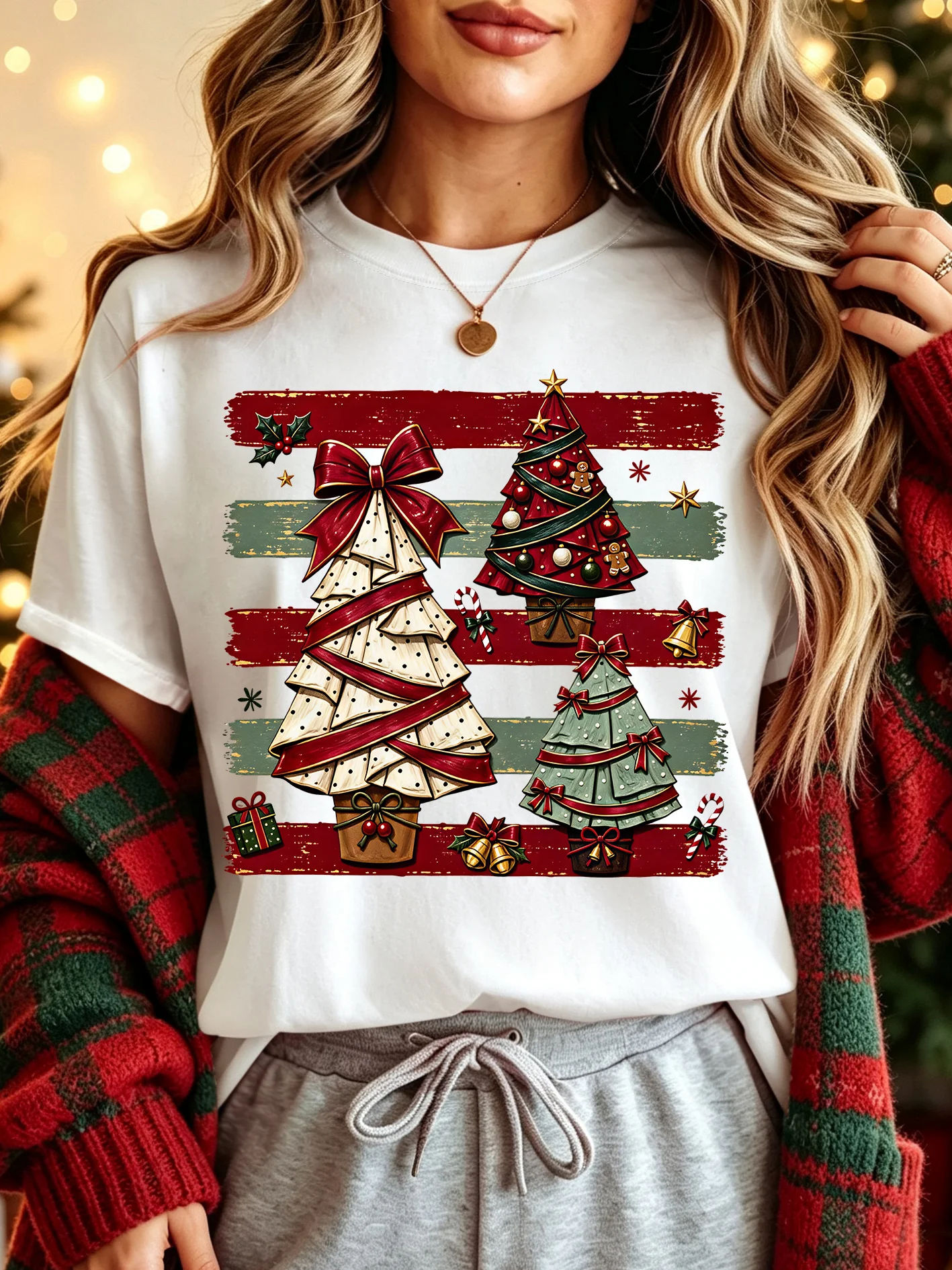 Vintage Striped Christmas Tree Bells Bows Womens Crew Neck Short Sleeve T Shirt Xmas Holiday Graphic Tees For Ladies Daily Wear