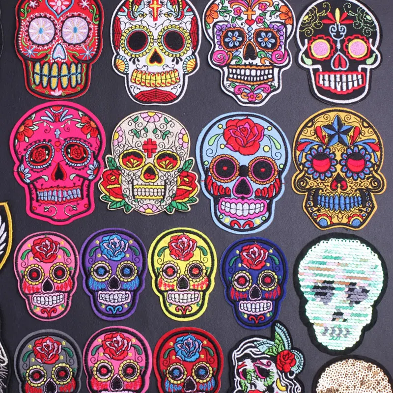 

Cool Flower Skull Embroidery Patches for Clothing Diy Sew on Iron on Embroidered Patches for Punk Clothes Badges Appliques