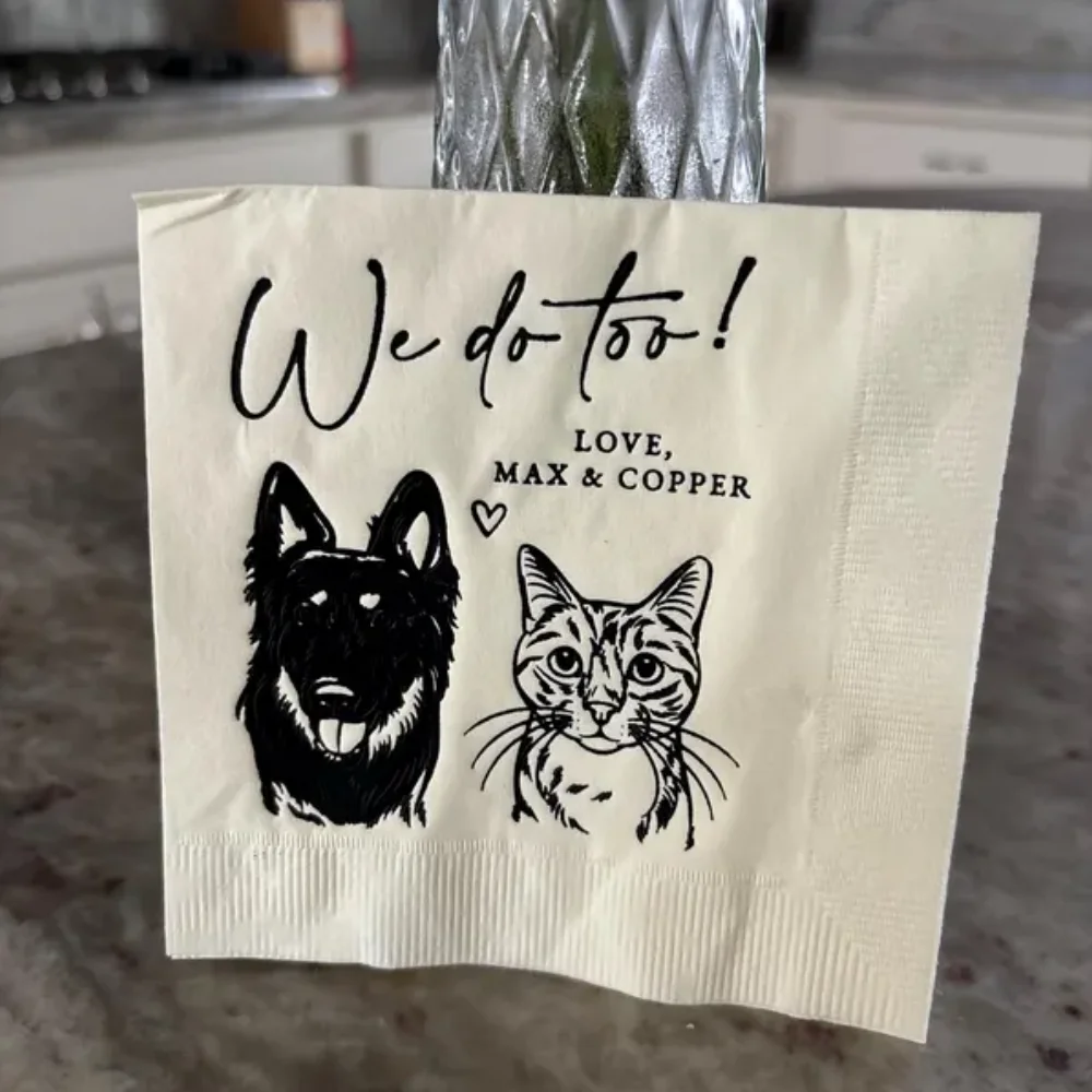 50Pcs Custom Illustrated Dog Wedding Napkins, Bridal Shower, Engagement Party, Two Pet, Dog Custom Wedding Cocktail Napkins