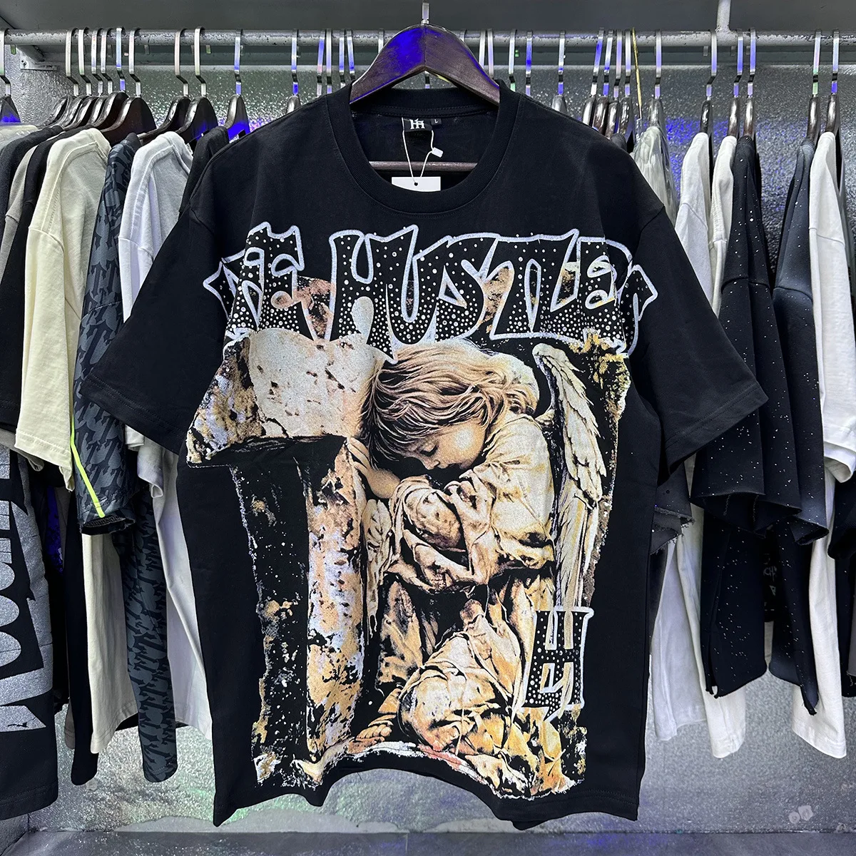 Life Hustlers Praying Angel Embroidered Diamond T-Shirt - Short Sleeve Both Men's and Women's Trendy