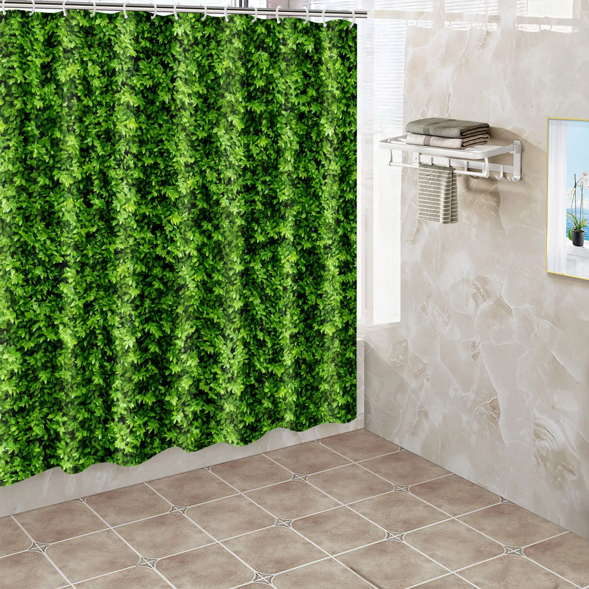 1pc Leaves Vine Shower Curtain Bathroom Partition Decorative Curtain Machine Washable Green Scenery Print Window Privacy Curtain