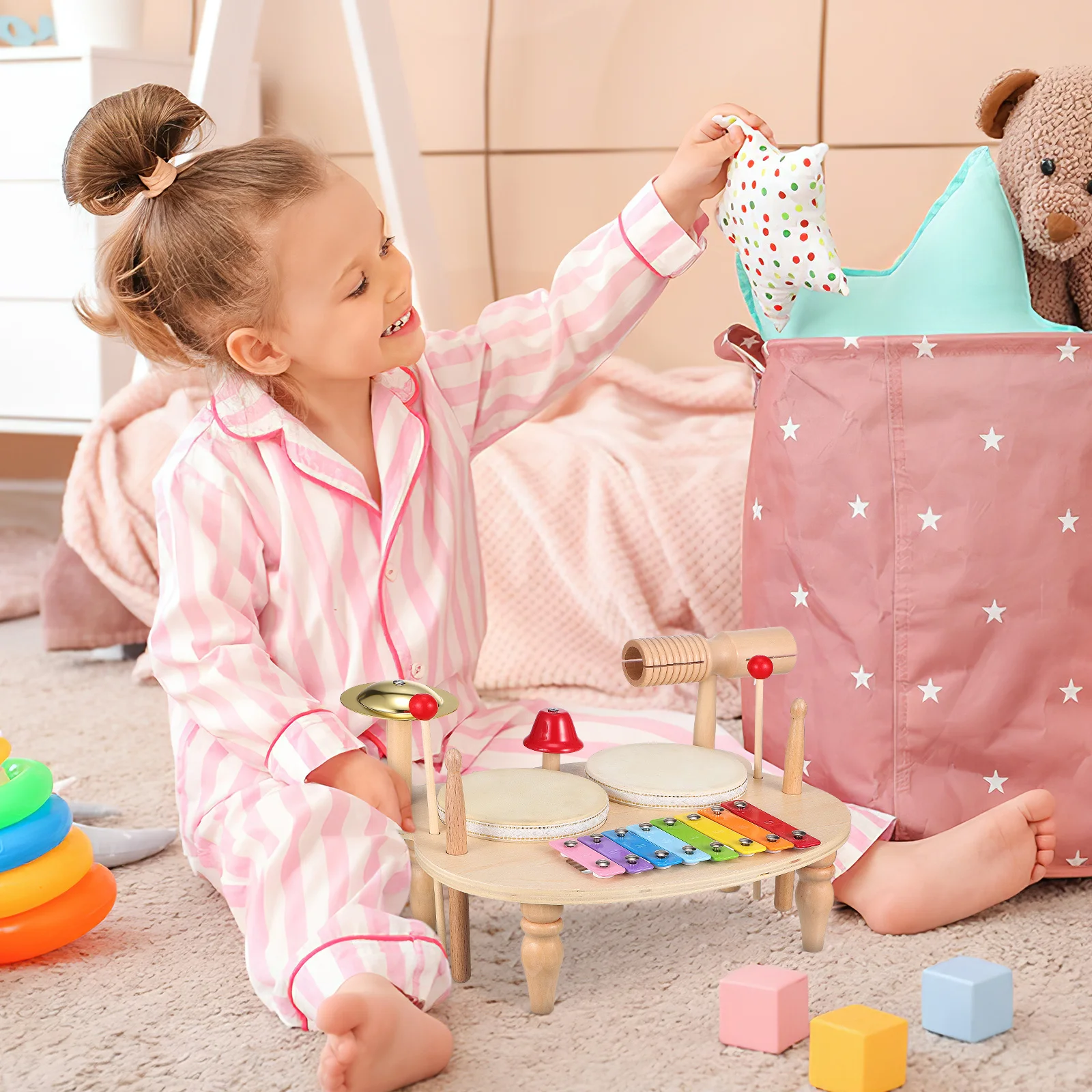 

Mini Wooden Drum Kit Percussion Instruments Set for Toddlers 1 Year Old Xylophone Mallets Hand Drum Educational Musical Present