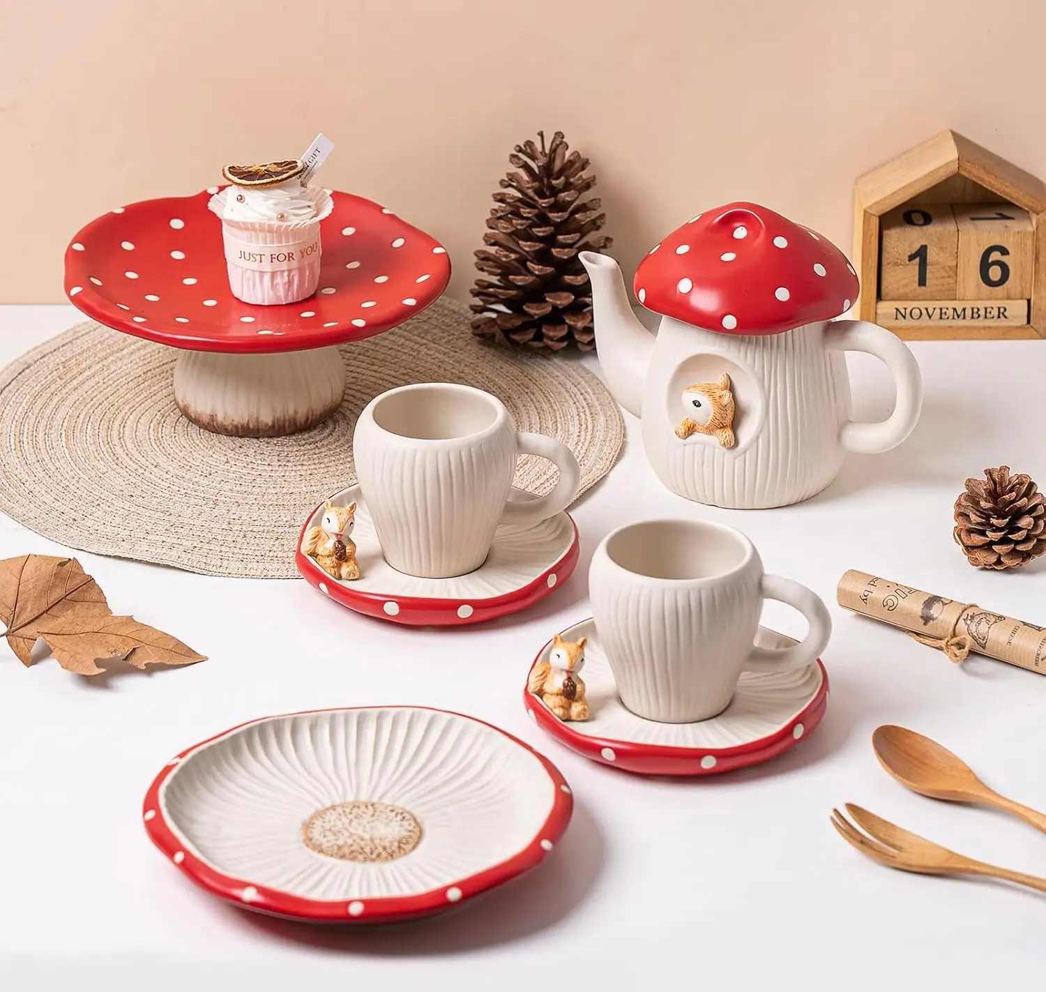 Cute Mushroom Mug with Saucer & Teapot,Handmade Glaze Polka Dot Lid, Safety Matt Ceramic Tea Pot,Best Gifts for Women & Girls - view 6