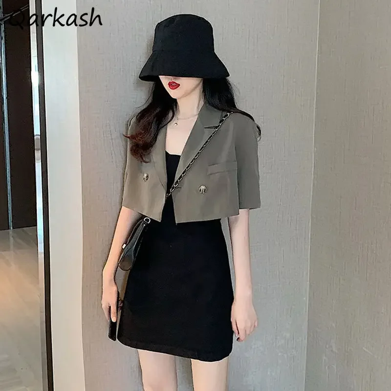 

Straight Blazers Women Summer Design Elegant Females Streetwear Cropped Fashion Korean New Arrival Stylish Short Sleeve Casual