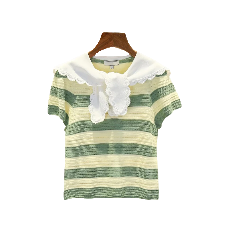 Naval Collar Striped Sweater Knitted Top Fre Sle Women's Premium Faion Sweet Sle Loose Fit ort Sve Summer