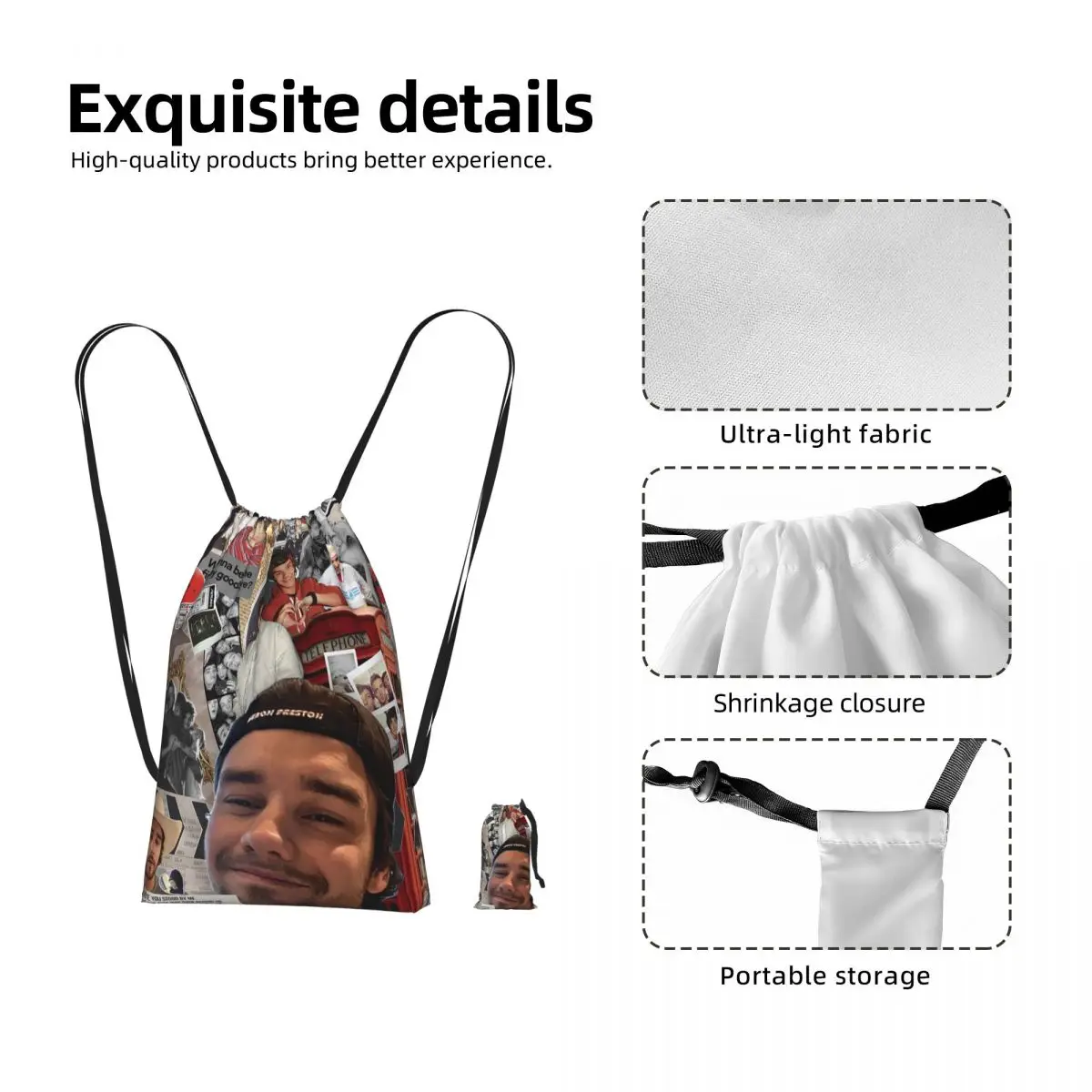 Liam Payne Photo Collage Drawstring Backpack Sports Gym Bag Portable Travel Drawstring Bag for Men Women