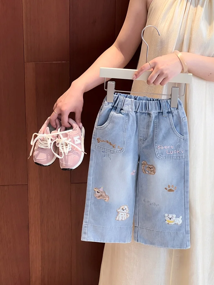 

Blue Cartoon Embroidered Dog Loose Wide Leg Jeans for Girls Summer New Style Cute Korean Style Versatile High Waist Straight ...