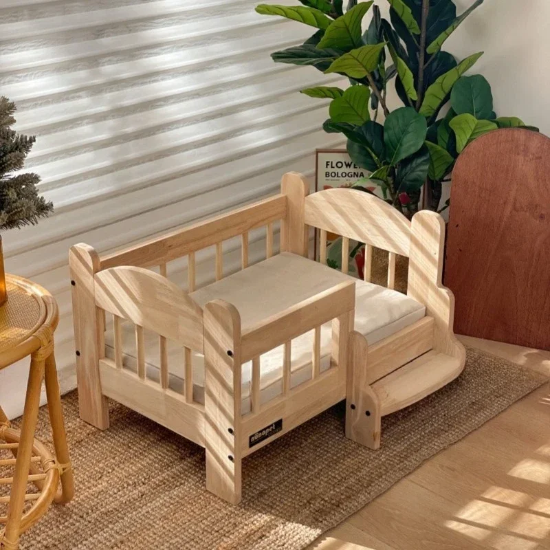 Pastoral pet solid wood rubber wood small bed removable canvas mattress four seasons moisture-proof small and medium