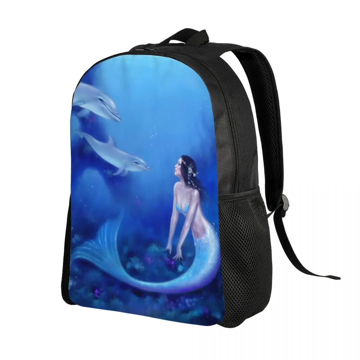 3D Print Beautiful Mermaid And Dolphins Backpack for Ocean Fantasy Art School College Travel Bags Bookbag Fits 15 Inch Laptop