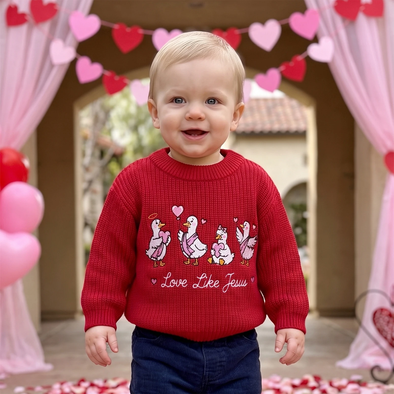 Kids Girls Valentine Sweater Goose Letter Embroidery Crew Neck Pullover