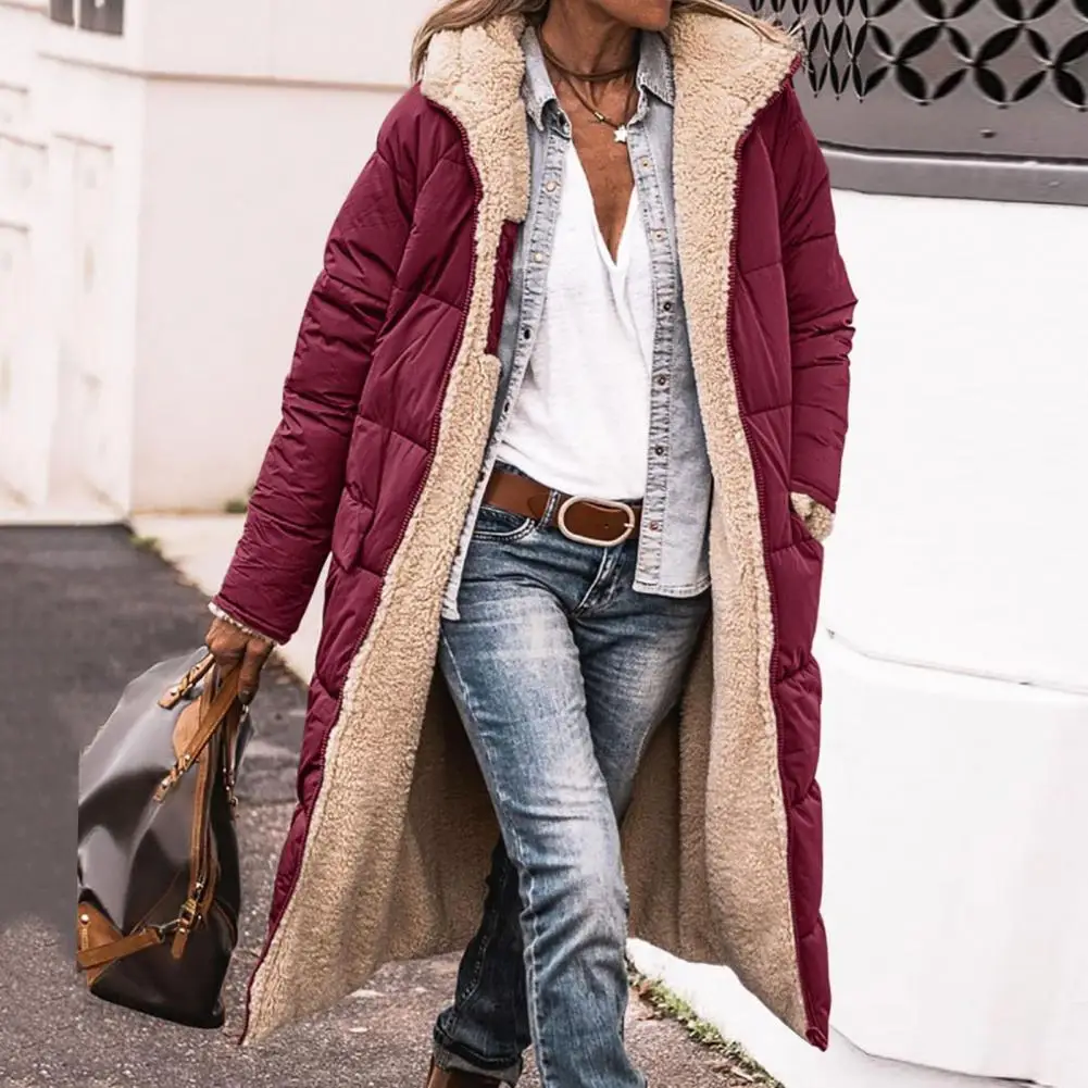 

Winter Reversible Long Parka Jacket Coat Hooded Thicken Women Overcoat Fleece Outwear Zipper Double Sided Long Jacket