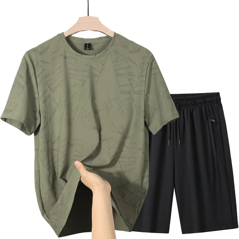 

Summer Men's Casual Breathable Large Size Ice Silk ort Sve Fitn Sport T-irt orts f Sve Two Piece Set