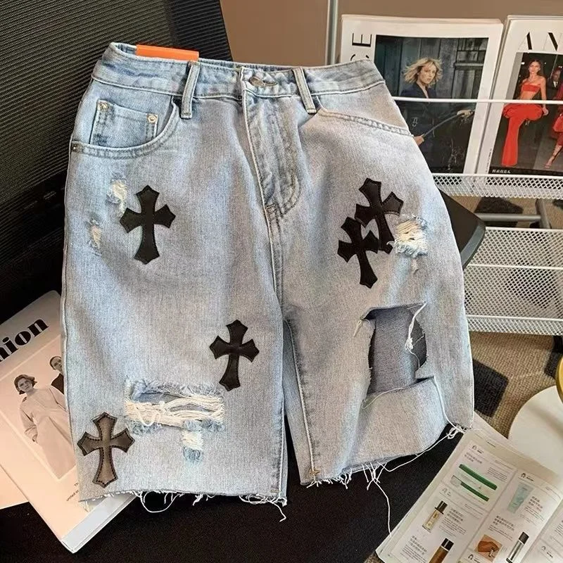 

Ripped Denim Shorts European and American High Street Cross Jeans hip-hop Boyfriend straight loose wide-leg pants