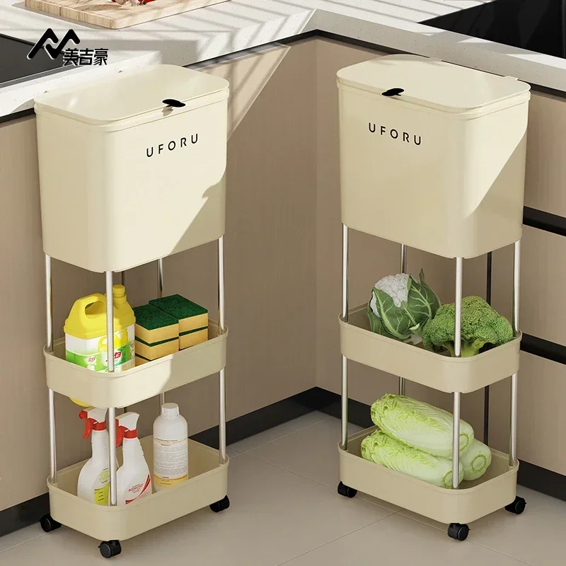 

Kitchen Trash Bin, Wet/Dry Separation, Movable Large Capacity Waste Bin with Wheels, Efficient Disposal System