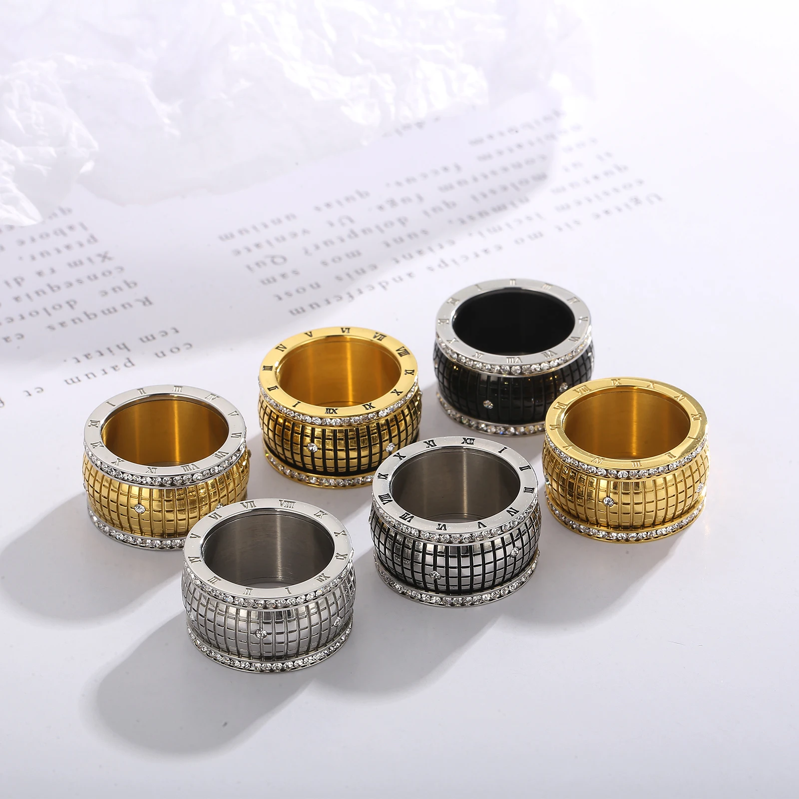 Number Round Zircon Vintage Gold Color Stainless Steel Cutting Rings For Women Girl Party Jewelry